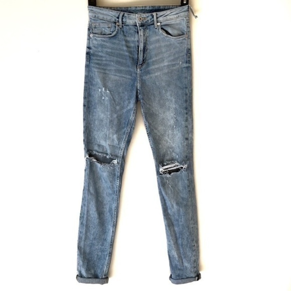 H&M &DENIM High Rise ripped knees jean faded grunge size 28